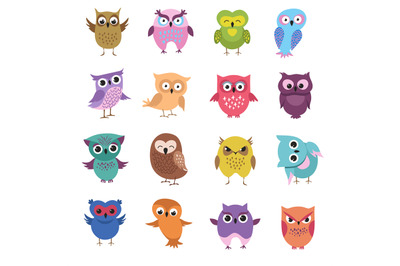 Cute cartoon owl characters vector set