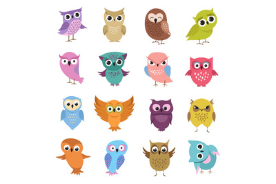 Cute cartoon owls. Funny forest birds vector collection