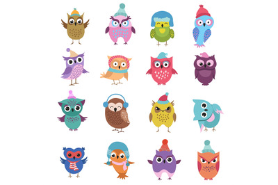 Funny winter owls birds cartoon vector characters