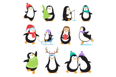 Cute cartoon penguins. Winter holidays vector animals set