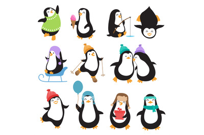 Funny christmas penguins vector characters