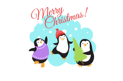 Christmas winter holidays vector greeting card with cute cartoon pengu