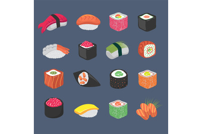 Cartoon sushi rolls japanese cuisine seafood vector set