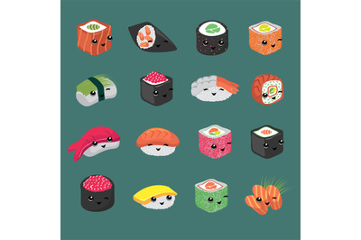 Cute and fun japanese sushi vector cartoon characters