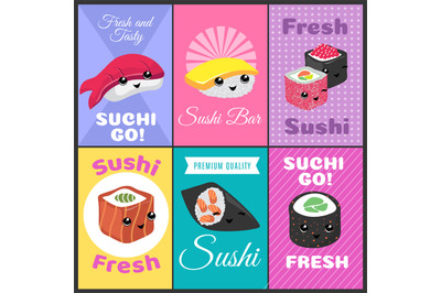 Vintage sushi vector posters in japan comic style