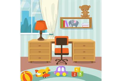 Baby room interior with bed and toys in flat style vector illustration