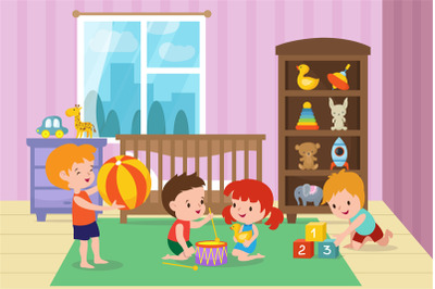 Children playing with toys in playroom of kindergarten vector illustra