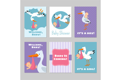 Baby shower invitations vector cards with stork and baby