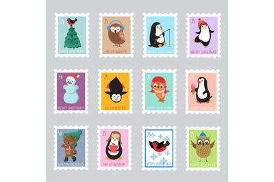 Christmas santa postage stamps for greeting card. Vector set