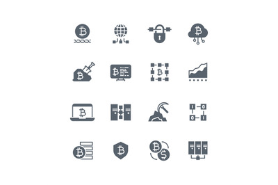 Blockchain and cryptocurrency mining vector icons. Decentralized trans