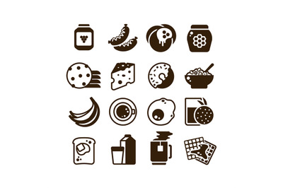 Breakfast food vector silhouette icons isolated