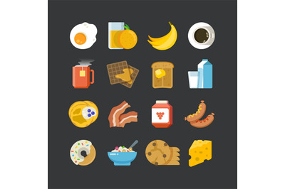 Breakfast healthy food and drinks flat vector icons