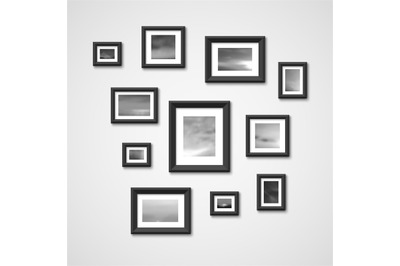 Picture frames with nature photos on wall. Interior design vector illu