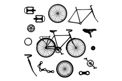 Bike parts. Bicycle equipment and components isolated vector set