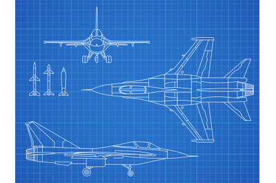 Military jet aircraft drawing vector blueprint design