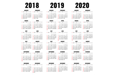 Vector calendar template 2018, 2019 and 2020 years