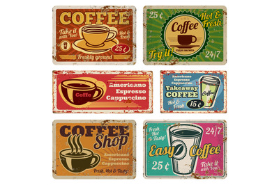 Vintage coffee shop and cafe metal vector signs in old 1940s style