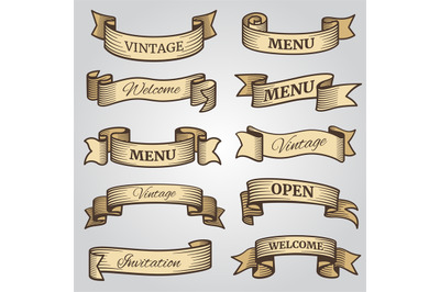 Vintage ribbon banners with engraved shadows vector set