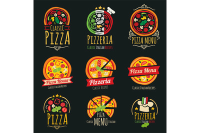 Pizza vector logos. Pizzeria italian cuisine restaurant labels and emb