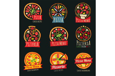 Pizza color labels isolated. Italian restaurant vector badges and embl