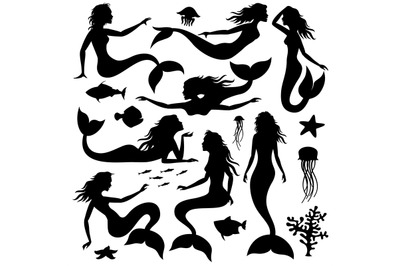 Swimming underwater mermaid black vector silhouettes