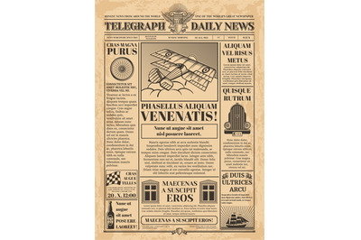Old newspaper vector template. Retro newsprint with text and images