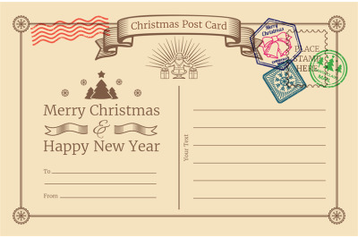 Vector old christmas holiday postcard with santa stamps