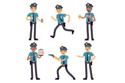 Officer policeman vector cartoon characters isolated. Patrol cops for