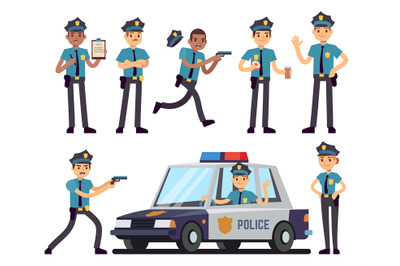 Cartoon policewoman and policeman characters in police uniform vector