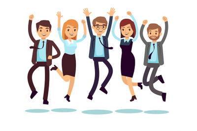 Happy and smiling workers, business people jumping flat vector charact