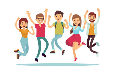 Jumping young happy people in casual clothes. Flat vector characters s