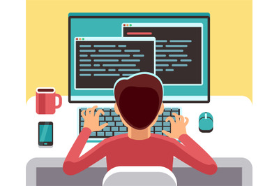 Young man programmer working on computer with code on screen. Student