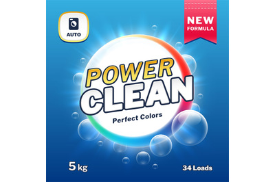 Clean power - soap and laundry detergent packaging. Washing powder pro