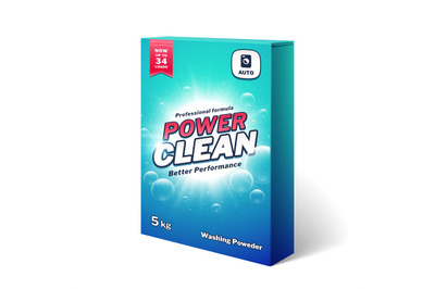 Laundry detergent, washing poweder product box vector template