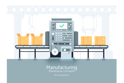 Manufacturing warehouse conveyor. Assembly production line flat vector