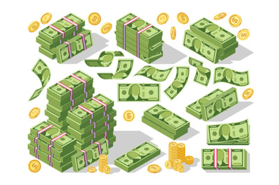 Various money bills dollar cash paper bank notes and gold coins vector