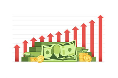 Growing business chart with pile of money cash financial vector concep