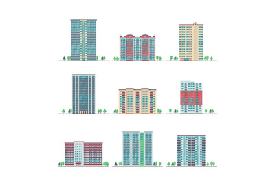Modern city apartment buildings flat vector set