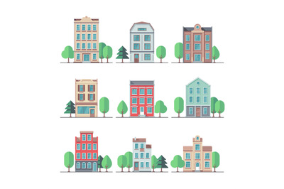 Retro city houses. Vintage apartment buildings vector set