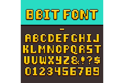 Pixel video game fun alphabet and numbers. 8-bit pixel oldschool gamin