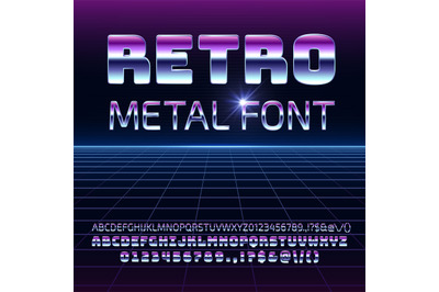 Retro space metal vector font. Metallica futuristic chrome letters and