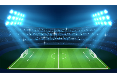 Soccer stadium with empty football field and spotlights vector illustr