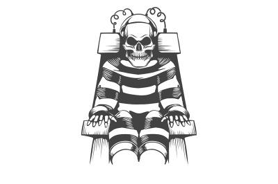 Human Skeleton Wear in Prison Suit on Electric Chair