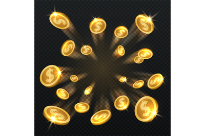 Golden dollar coins explosion isolated. Vector illustration for financ