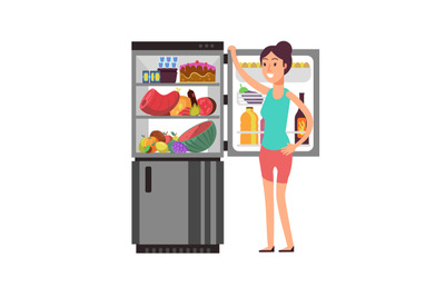 Woman thinking snacking at fridge with unhealthy food. People eating a