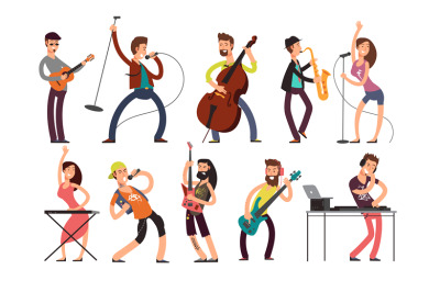 Rock and pop musicians vector cartoon characters. Young guitarists, dr