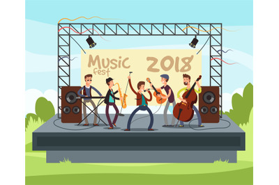 Outdoor summer festival concert with pop music band playing music outd