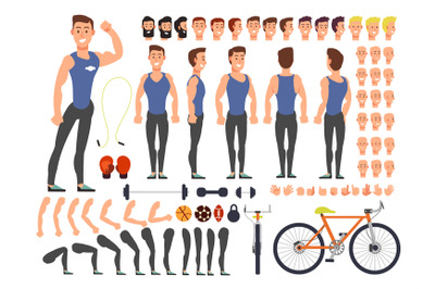 Cartoon man athlete vector character constructor with set of body part