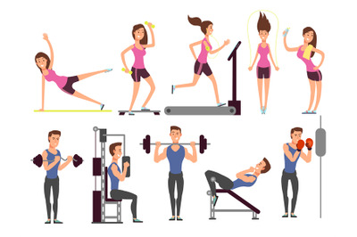 Gym exercises&2C; body pump workout vector set with cartoon sport man and