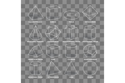 3d math geometric outline shapes isolated on transparent background